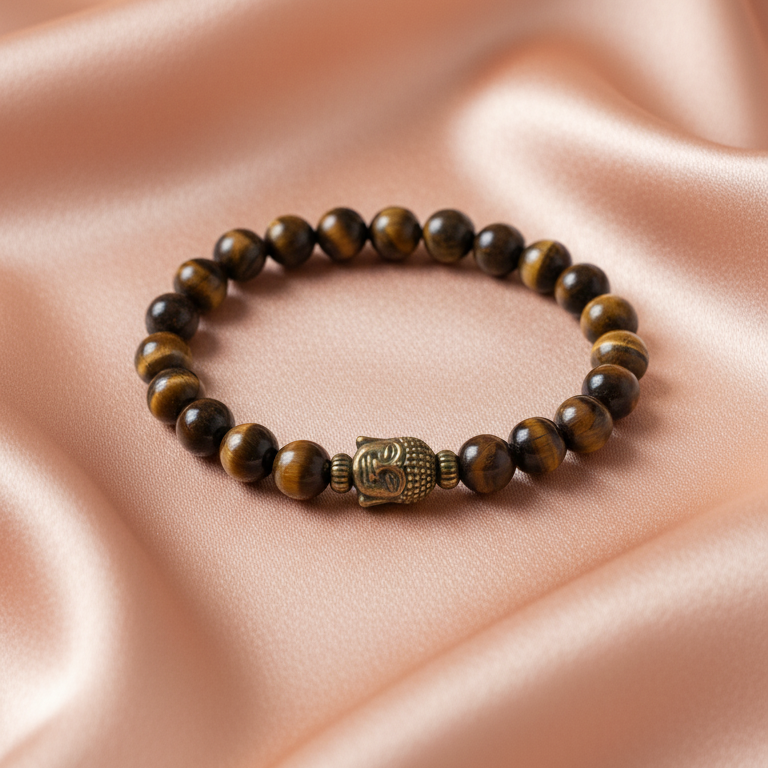 Bracelet with brown beads and gold clasp on a pink satin background